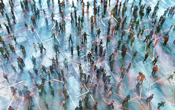 Abstract crowds of people superimposed with electronics.
